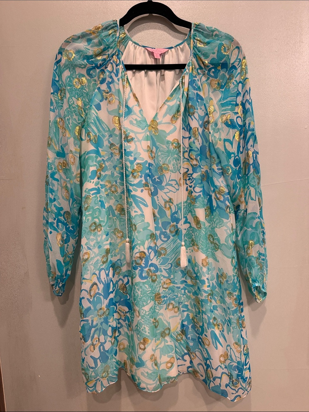 Lilly Pulitzer Aqua and Gold Floral Long Sleeve Tunic Dress